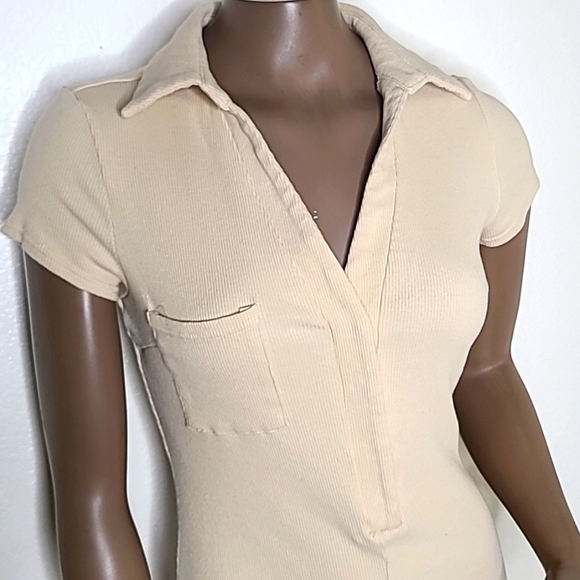 Urban Outfitters Romper Size Small Light Beige Ribbed Stretch Bodycon Casual Fun - Picture 3 of 6